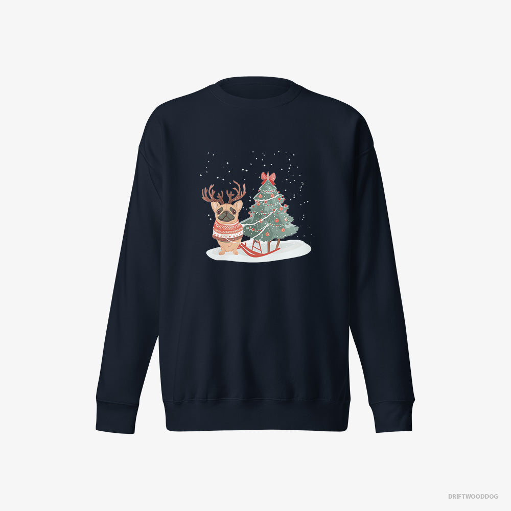 French Bulldog Sweatshirt – Women Navy Sweatshirt Eco-Friendly – with a Christmas Tree (on White Background)