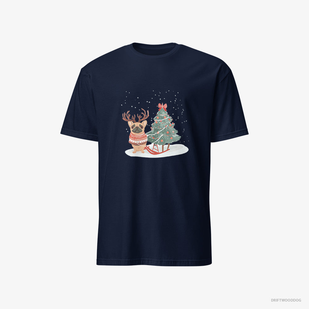 French Bulldog T-Shirt – Men Navy T-Shirt Classic – with a Christmas Tree (on White Background)