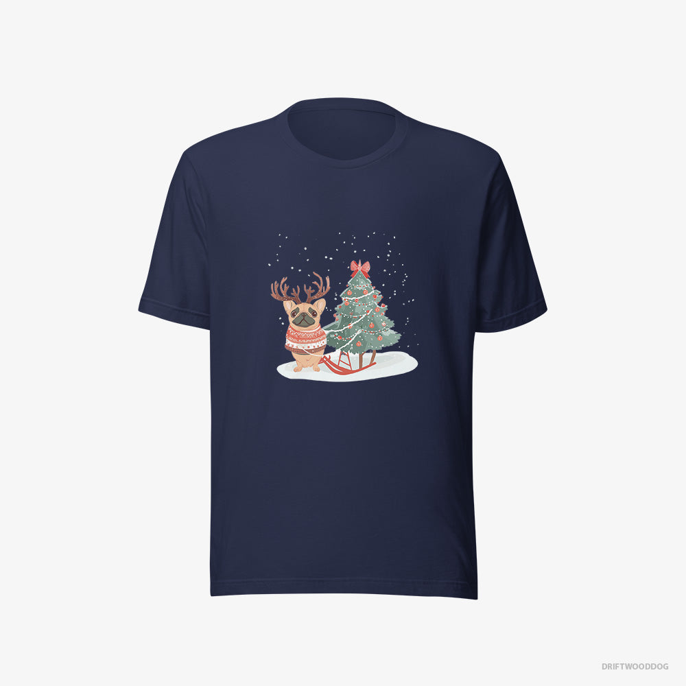 French Bulldog T-Shirt – Men Navy T-Shirt Eco-Friendly – with a Christmas Tree (on White Background)