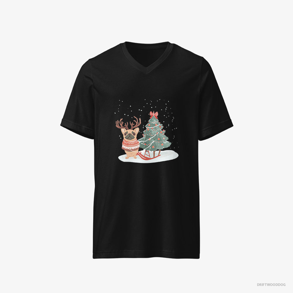 French Bulldog T-Shirt – Men Black T-Shirt V-Neck – with a Christmas Tree (on White Background)