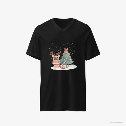 French Bulldog T-Shirt – Men Black T-Shirt V-Neck – with a Christmas Tree (on White Background)