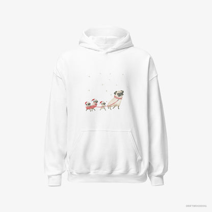 Pug Hoodie – Men White Hoodie Classic – Taking Puppies for a Sled Ride (on White Background)