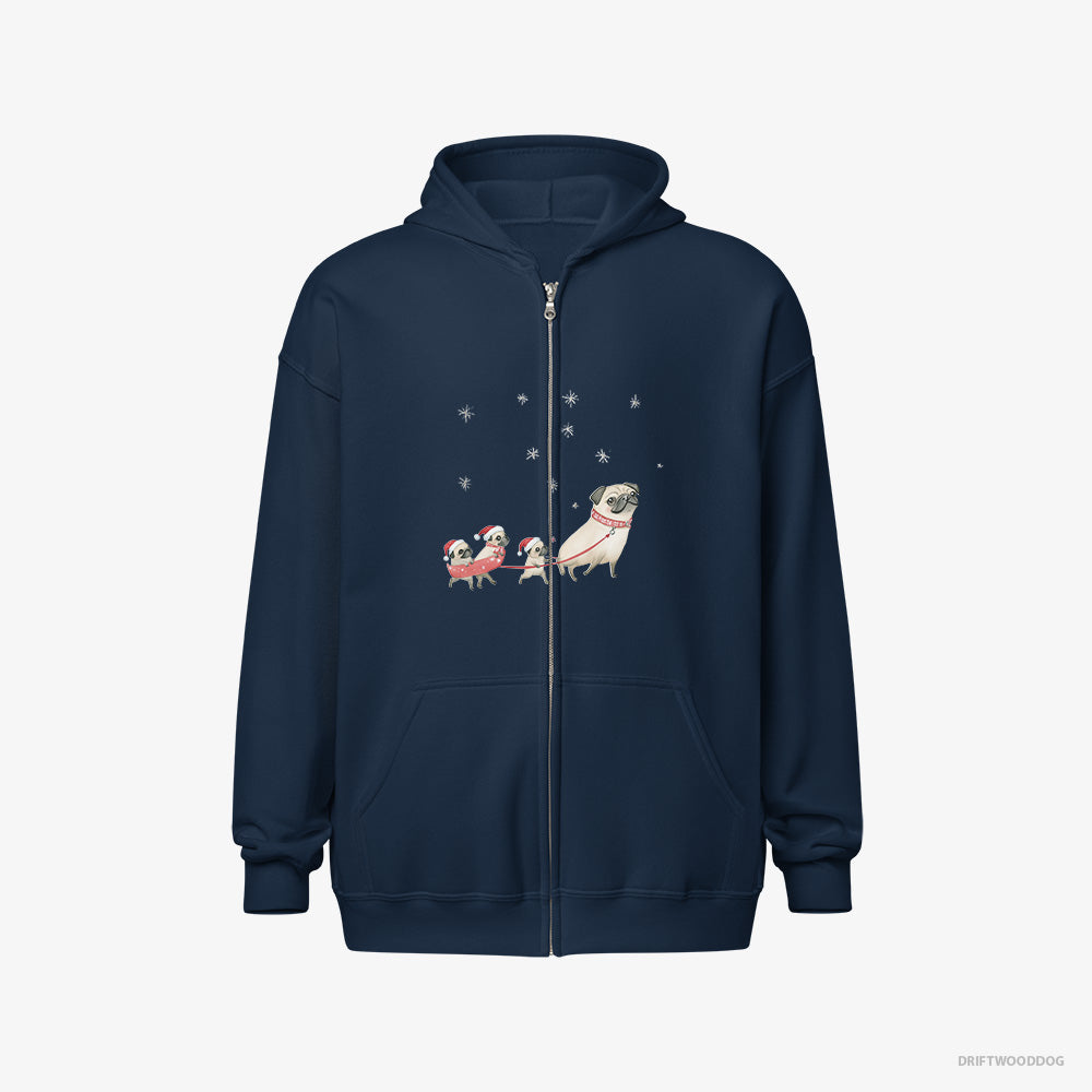 Pug Hoodie – Men Navy Hoodie Full-Zip – Taking Puppies for a Sled Ride (on White Background)