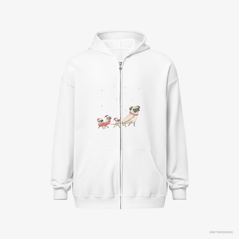 Pug Hoodie – Men White Hoodie Full-Zip – Taking Puppies for a Sled Ride (on White Background)