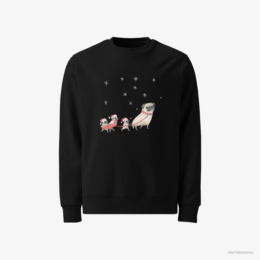 Pug Sweatshirt – Men Black Sweatshirt Classic – Taking Puppies for a Sled Ride (on White Background)