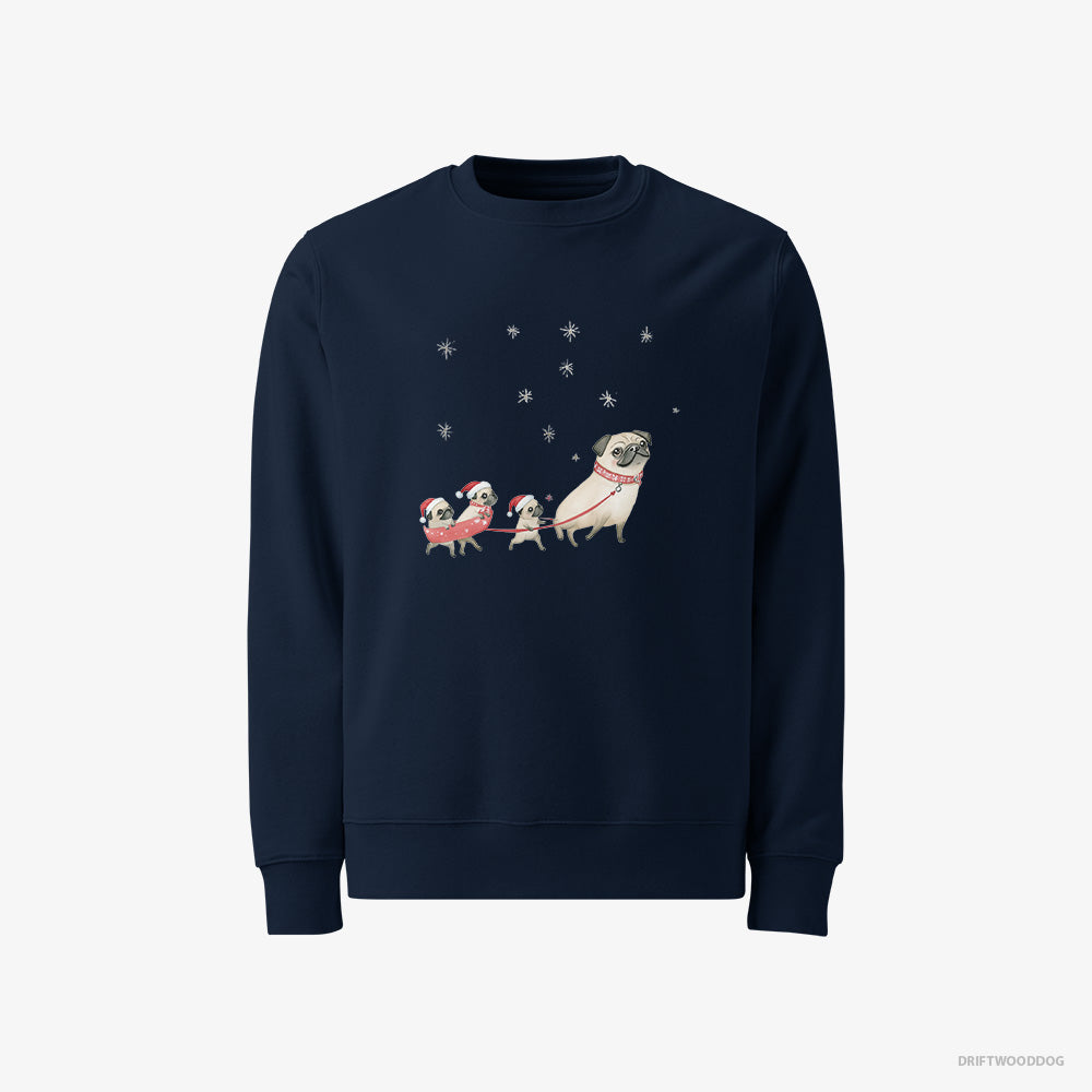 Pug Sweatshirt – Men Navy Sweatshirt Classic – Taking Puppies for a Sled Ride (on White Background)