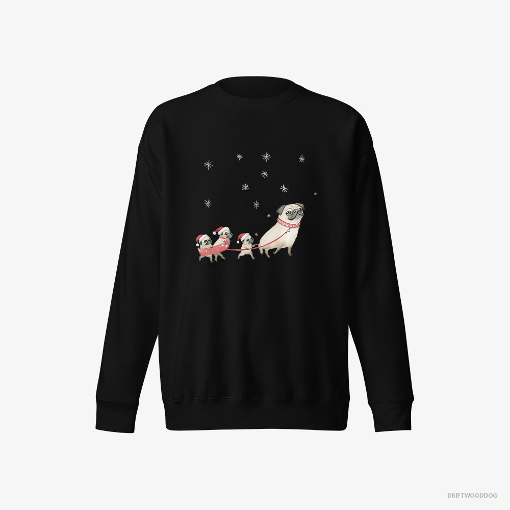 Pug Sweatshirt – Women Black Sweatshirt Eco-Friendly – Taking Puppies for a Sled Ride (on White Background)