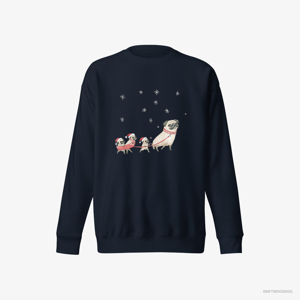 Pug Sweatshirt – Women Navy Sweatshirt Eco-Friendly – Taking Puppies for a Sled Ride (on White Background)