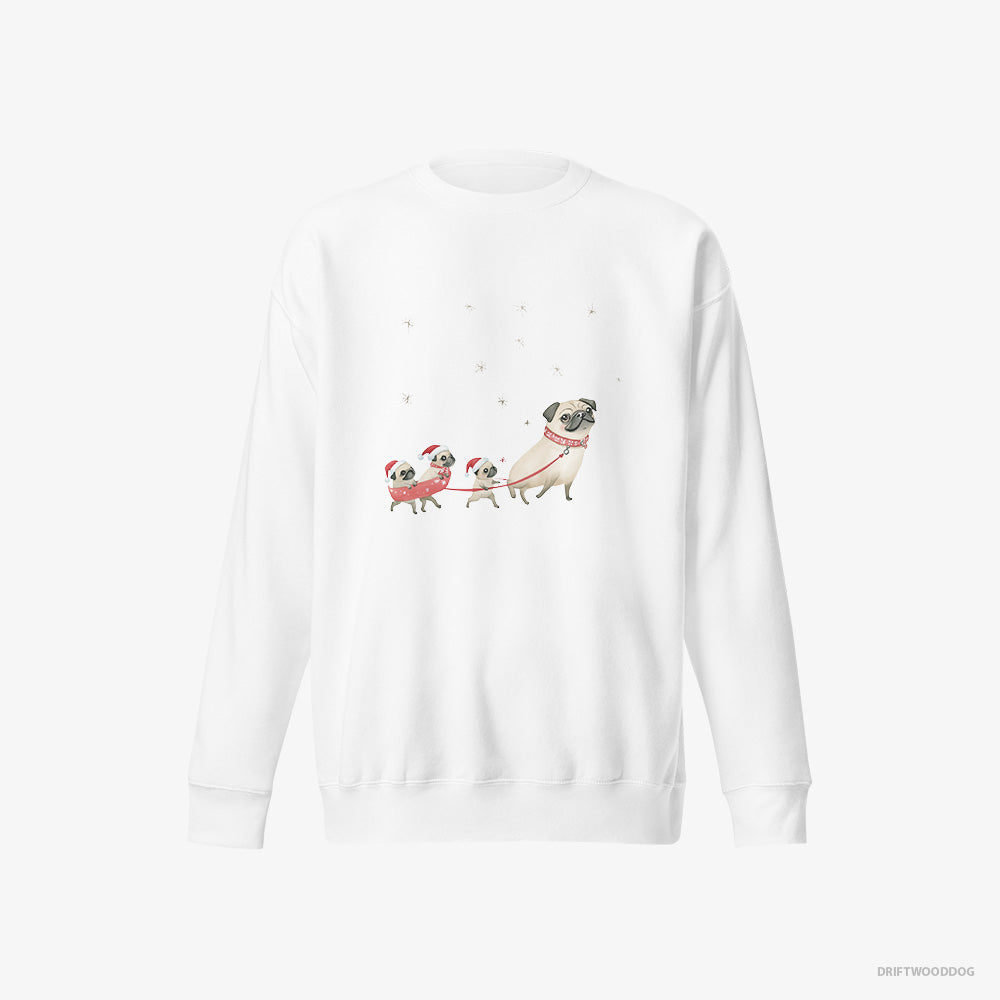 Pug Sweatshirt – Women White Sweatshirt Eco-Friendly – Taking Puppies for a Sled Ride (on White Background)