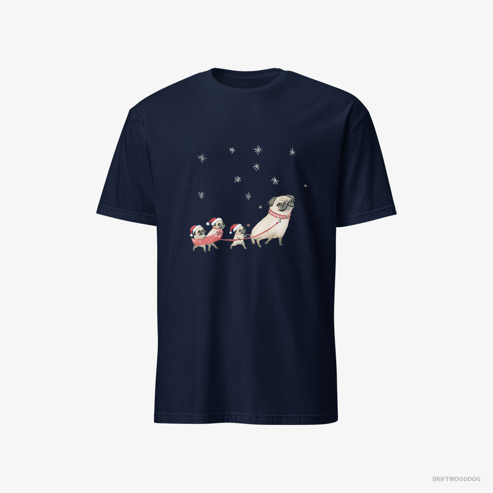 Pug T-Shirt – Men Navy T-Shirt Classic – Taking Puppies for a Sled Ride (on White Background)