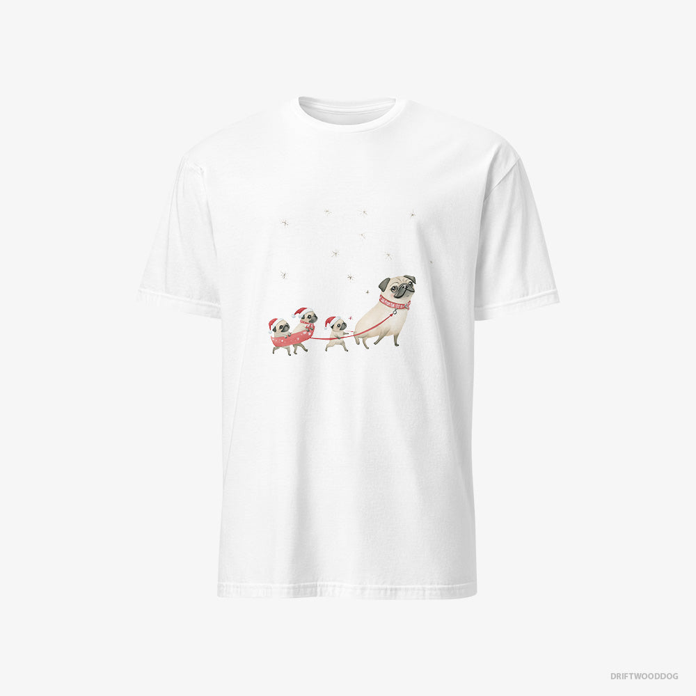 Pug T-Shirt – Men White T-Shirt Classic – Taking Puppies for a Sled Ride (on White Background)