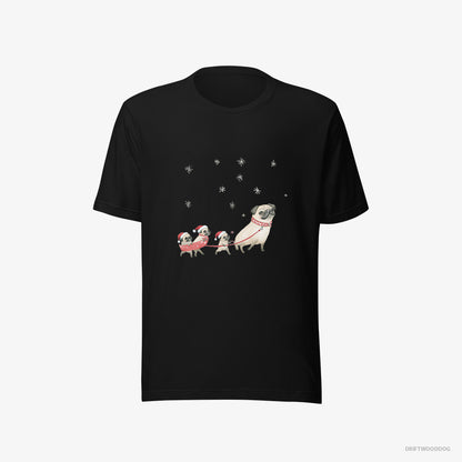 Pug T-Shirt – Men Black T-Shirt Eco-Friendly – Taking Puppies for a Sled Ride (on White Background)