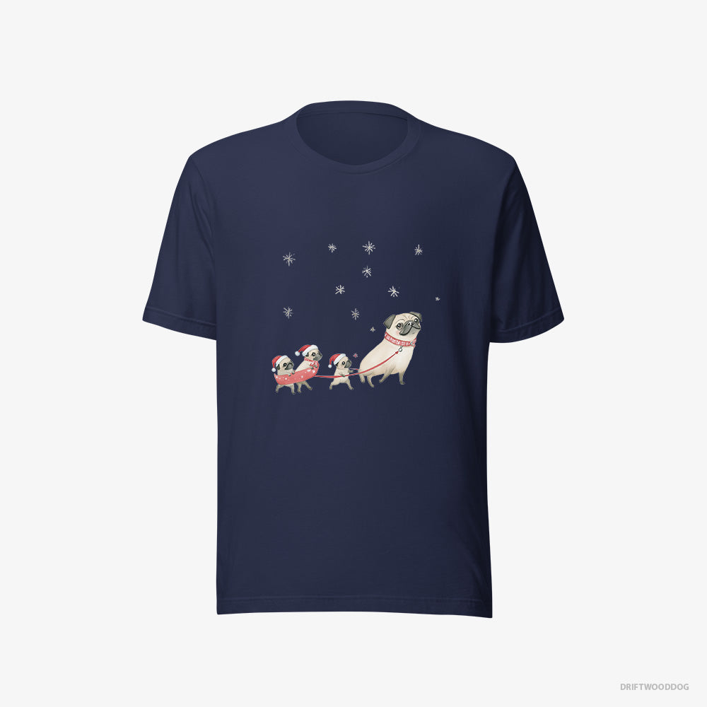 Pug T-Shirt – Women Navy T-Shirt Eco-Friendly – Taking Puppies for a Sled Ride (on White Background)