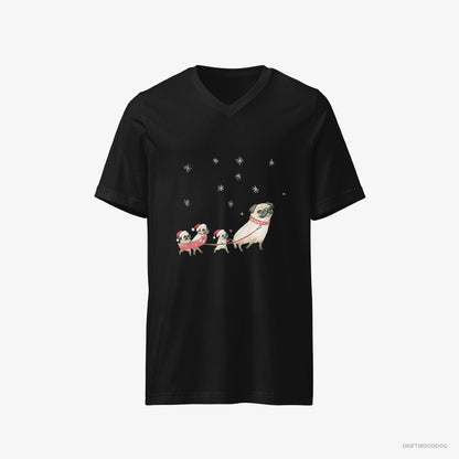 Pug T-Shirt – Men Black T-Shirt V-Neck – Taking Puppies for a Sled Ride (on White Background)