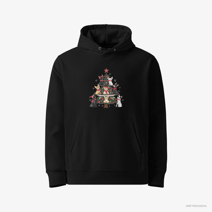 French Bulldog Hoodie – Men Black Hoodie Eco-Friendly – Puppies Climbing the Christmas Tree (on White Background)