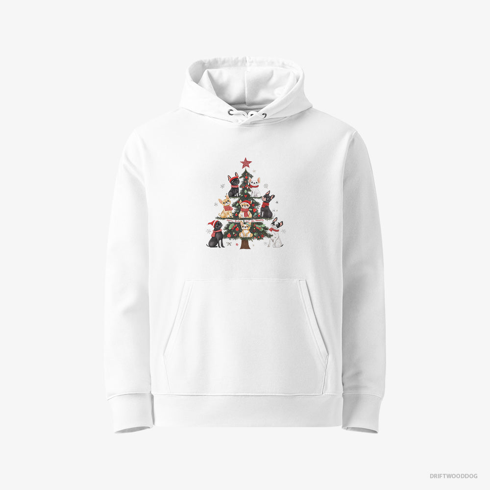 French Bulldog Hoodie – Women White Hoodie Eco-Friendly – Puppies Climbing the Christmas Tree (on White Background)