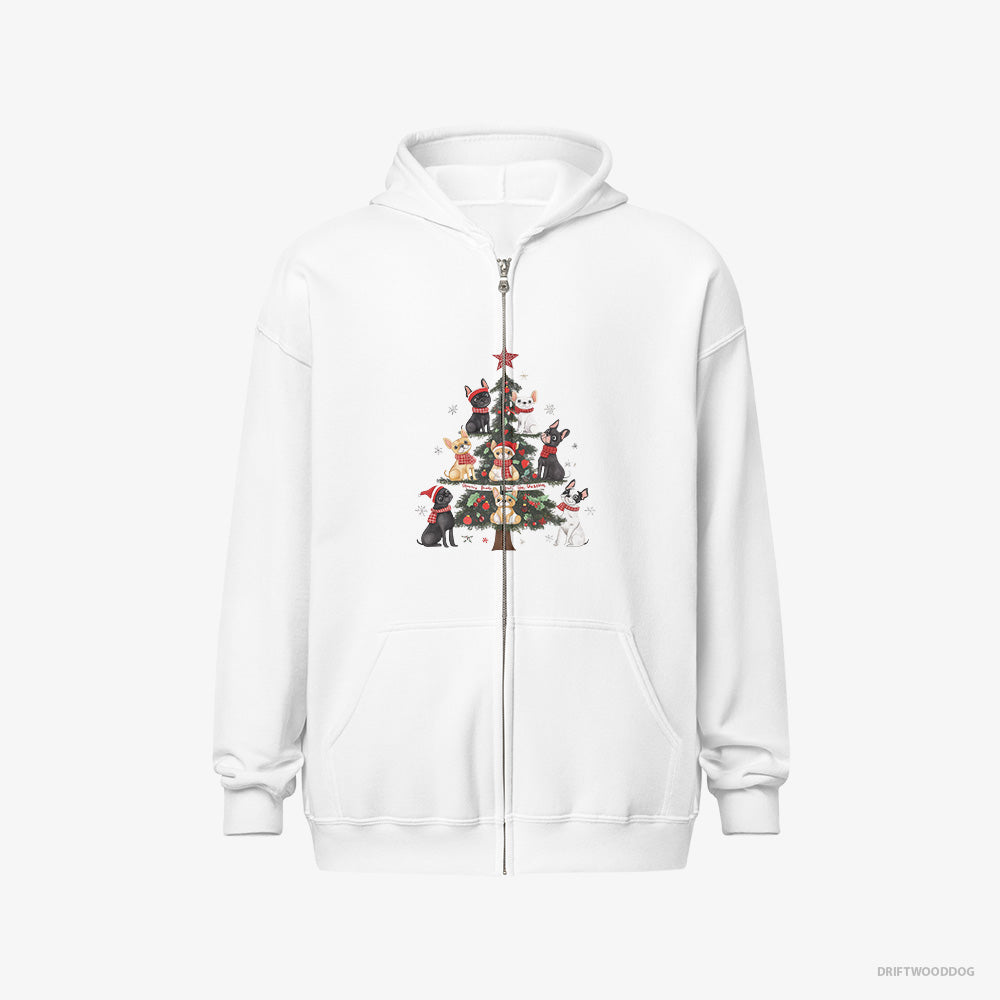 French Bulldog Hoodie – Men White Hoodie Full-Zip – Puppies Climbing the Christmas Tree (on White Background)