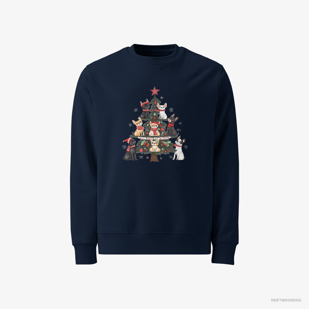 French Bulldog Sweatshirt – Men Navy Sweatshirt Classic – Puppies Climbing the Christmas Tree (on White Background)