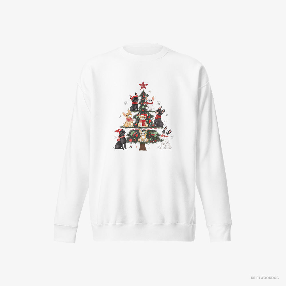 French Bulldog Sweatshirt – Men White Sweatshirt Eco-Friendly – Puppies Climbing the Christmas Tree (on White Background)