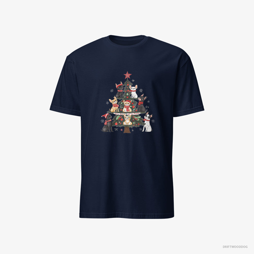 French Bulldog T-Shirt – Men Navy T-Shirt Classic – Puppies Climbing the Christmas Tree (on White Background)