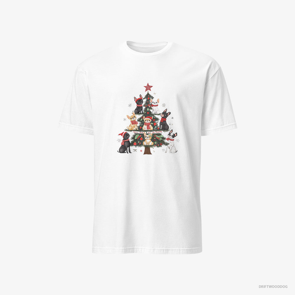 French Bulldog T-Shirt – Men White T-Shirt Classic – Puppies Climbing the Christmas Tree (on White Background)