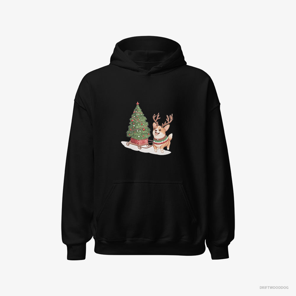 Corgi Hoodie – Women Black Hoodie Classic – Pulling a Christmas Tree on a Sled (on White Background)