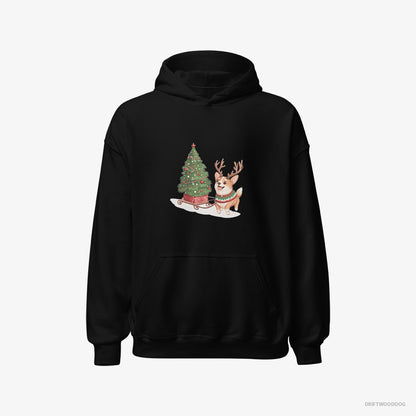 Corgi Pulling a Christmas Tree on a Sled Black Hoodie