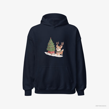 Corgi Pulling a Christmas Tree on a Sled Navy Hoodie