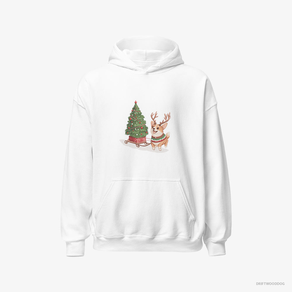 Corgi Hoodie – Men White Hoodie Classic – Pulling a Christmas Tree on a Sled (on White Background)