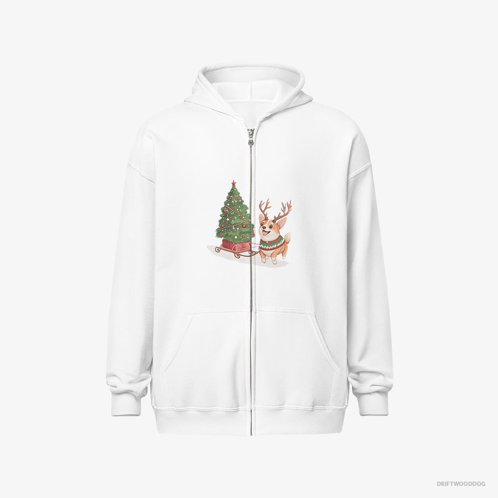 Corgi Hoodie – Men White Hoodie Full-Zip – Pulling a Christmas Tree on a Sled (on White Background)