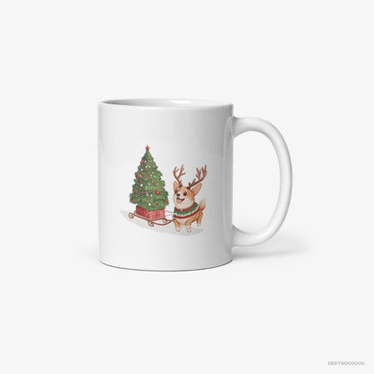 Corgi Pulling a Christmas Tree on a Sled White Mug