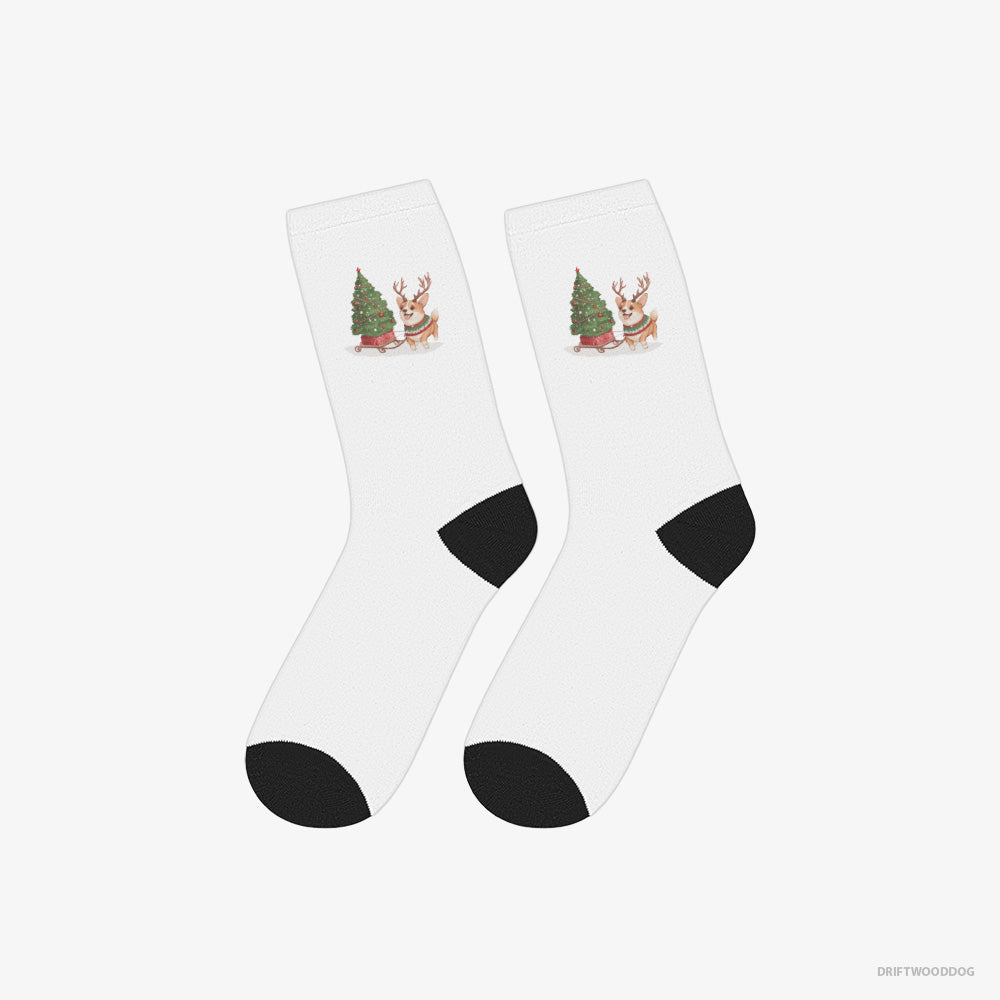 Corgi Socks – Unisex White Socks Classic – Pulling a Christmas Tree on a Sled (on White Background)