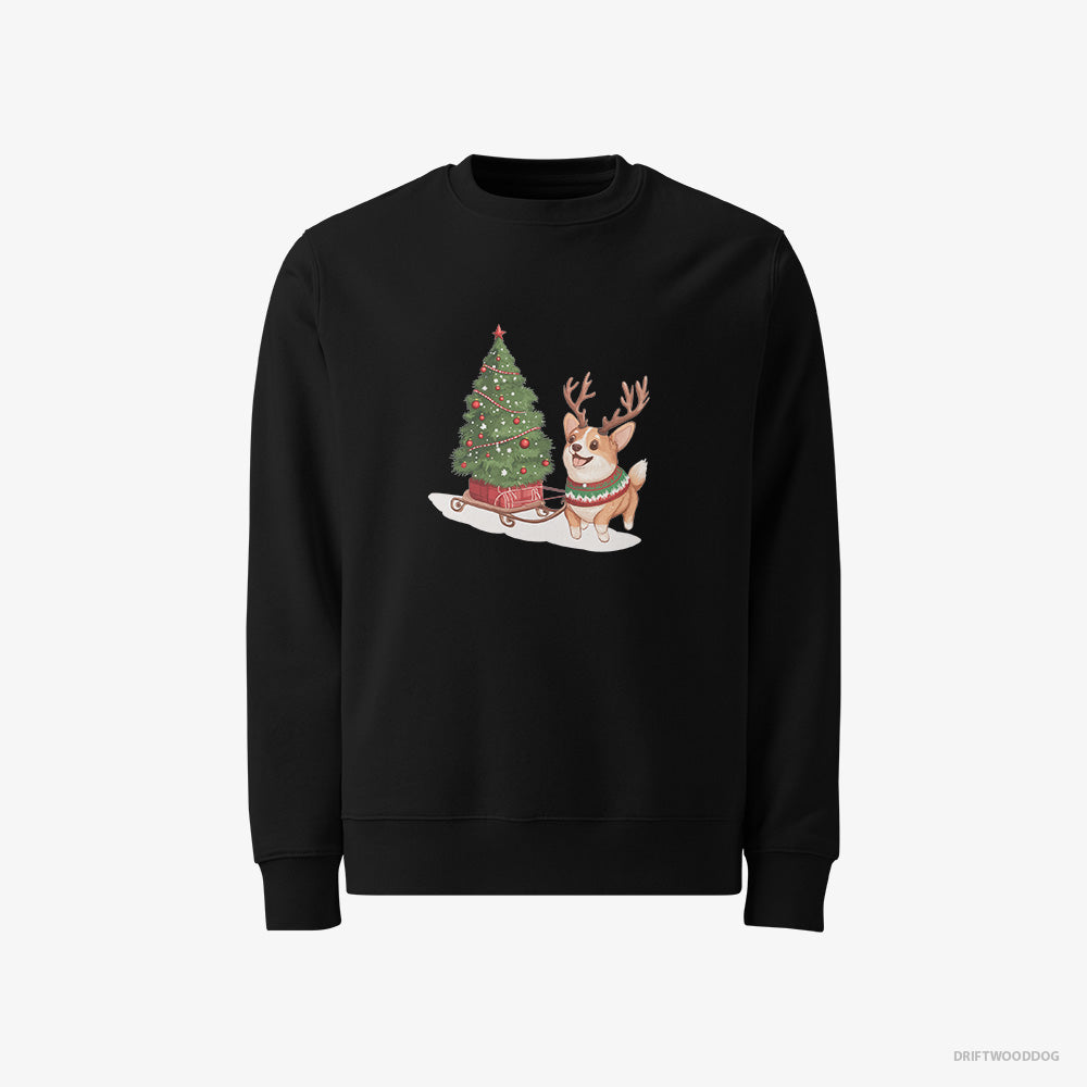 Corgi Sweatshirt – Men Black Sweatshirt Classic – Pulling a Christmas Tree on a Sled (on White Background)