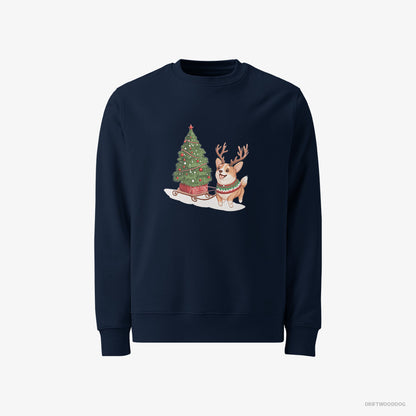 Corgi Sweatshirt – Men Navy Sweatshirt Classic – Pulling a Christmas Tree on a Sled (on White Background)