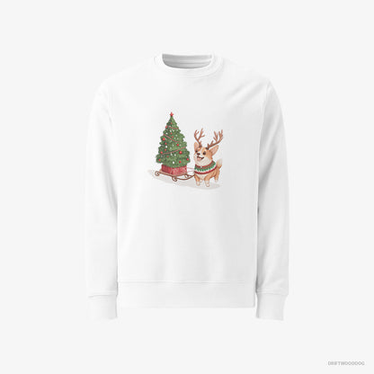 Corgi Pulling a Christmas Tree on a Sled White Sweatshirt