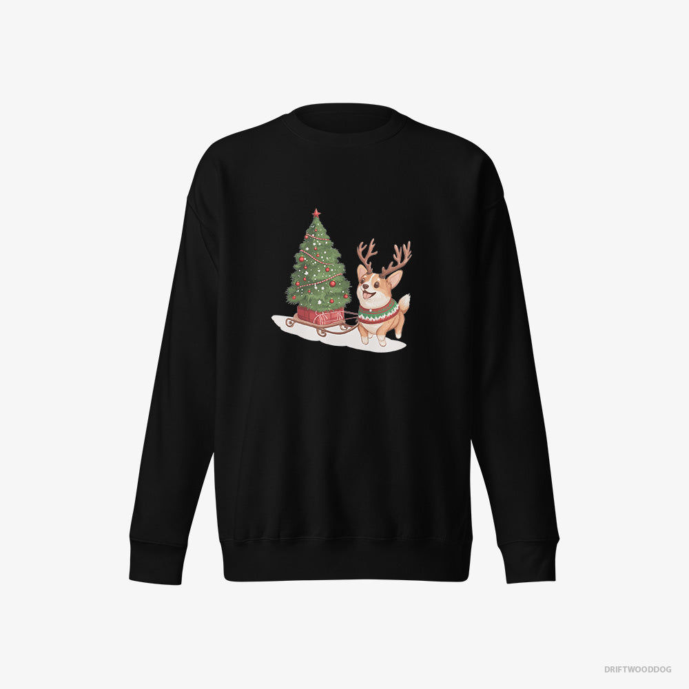 Corgi Sweatshirt – Women Black Sweatshirt Eco-Friendly – Pulling a Christmas Tree on a Sled (on White Background)