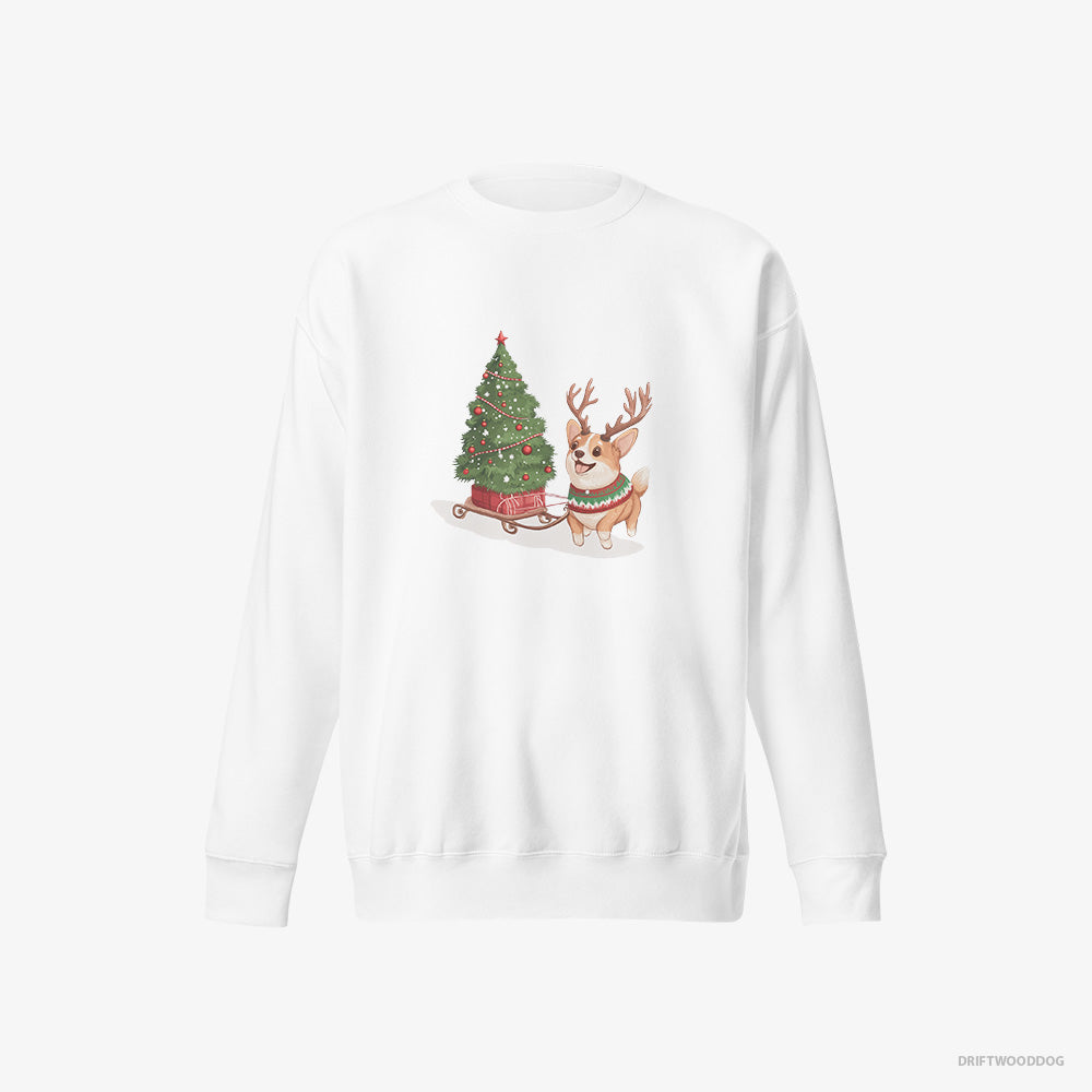 Corgi Sweatshirt – Women White Sweatshirt Eco-Friendly – Pulling a Christmas Tree on a Sled (on White Background)