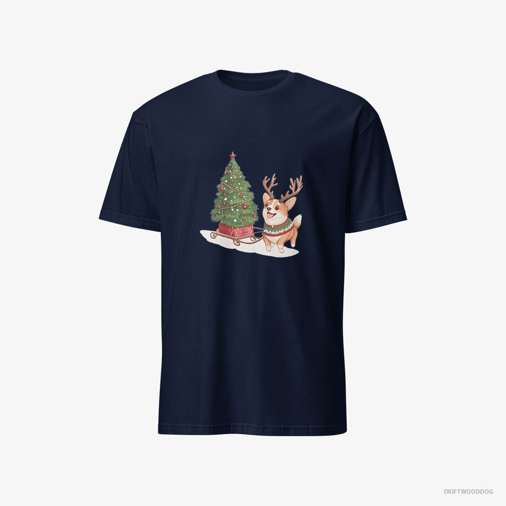 Corgi T-Shirt – Men Navy T-Shirt Classic – Pulling a Christmas Tree on a Sled (on White Background)