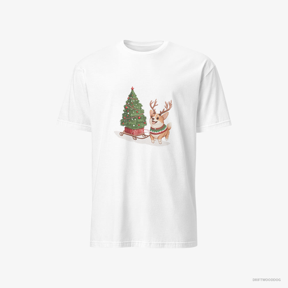 Corgi T-Shirt – Men White T-Shirt Classic – Pulling a Christmas Tree on a Sled (on White Background)