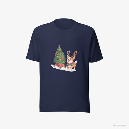 Corgi T-Shirt – Women Navy T-Shirt Eco-Friendly – Pulling a Christmas Tree on a Sled (on White Background)