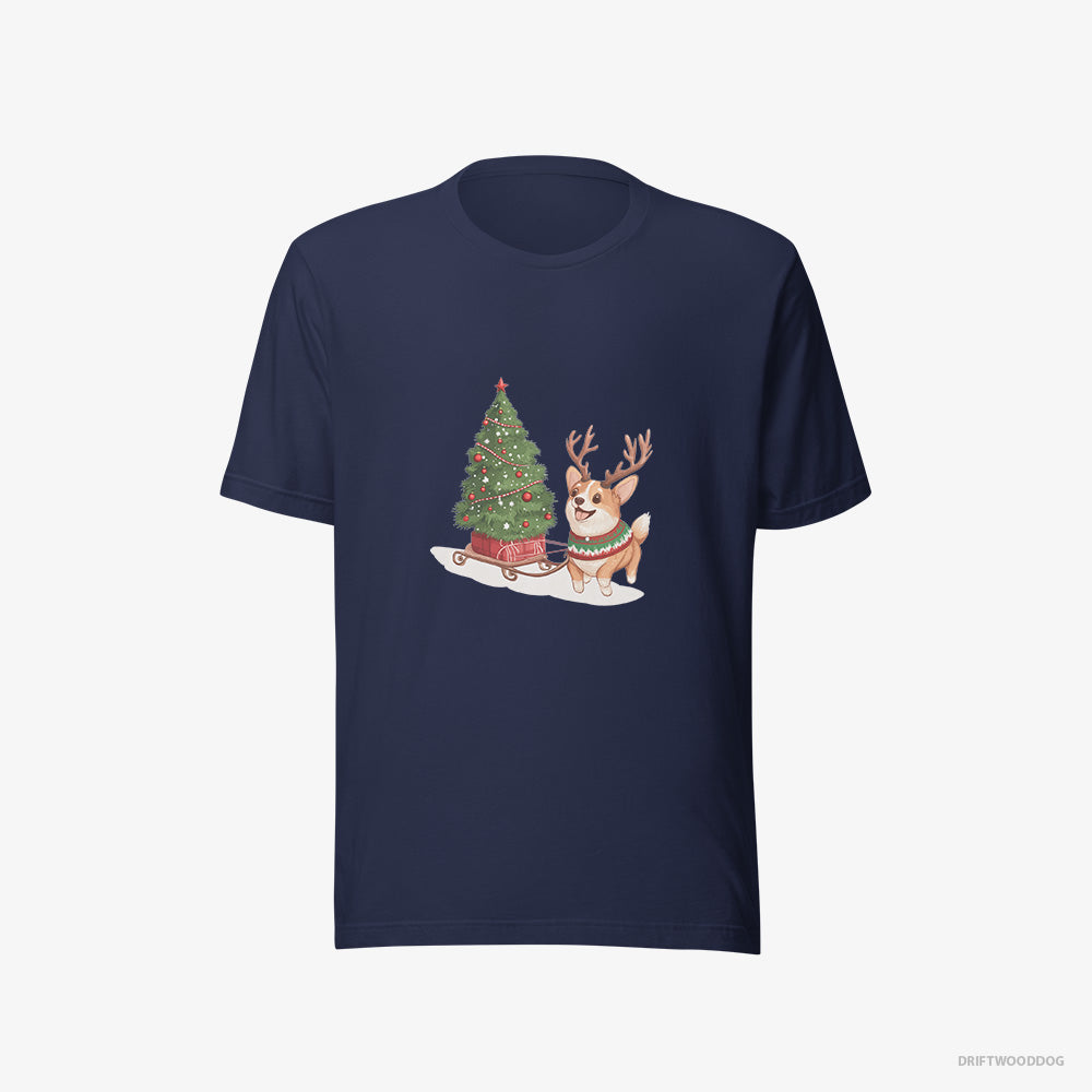 Corgi Pulling a Christmas Tree on a Sled – Women's T-Shirt Navy Eco – Eco-Friendly