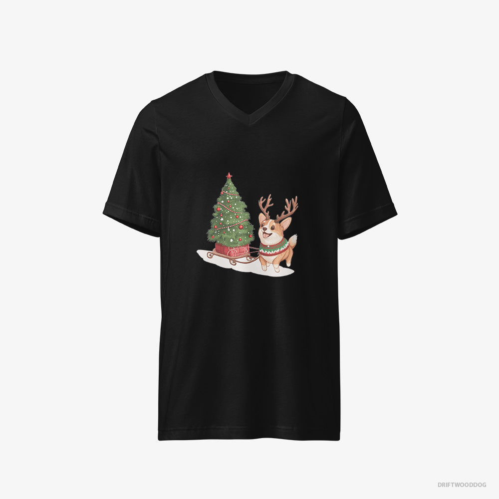 Corgi T-Shirt – Men Black T-Shirt V-Neck – Pulling a Christmas Tree on a Sled (on White Background)