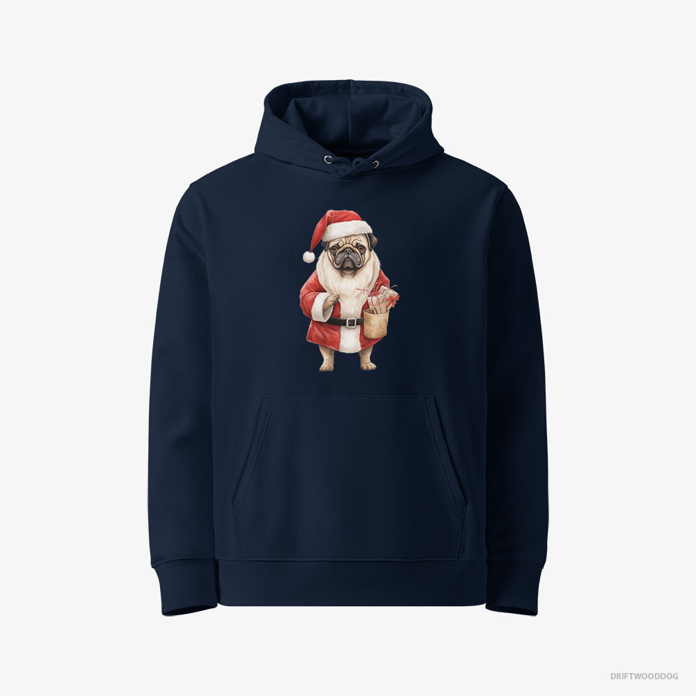 Pug Hoodie – Women Navy Hoodie Eco-Friendly – Dressed as Santa (on White Background)