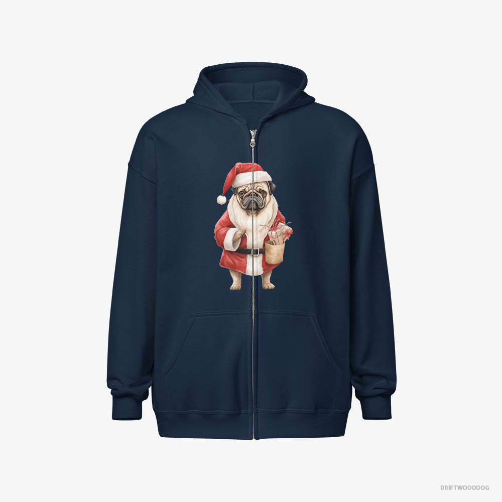 Pug Hoodie – Men Navy Hoodie Full-Zip – Dressed as Santa (on White Background)