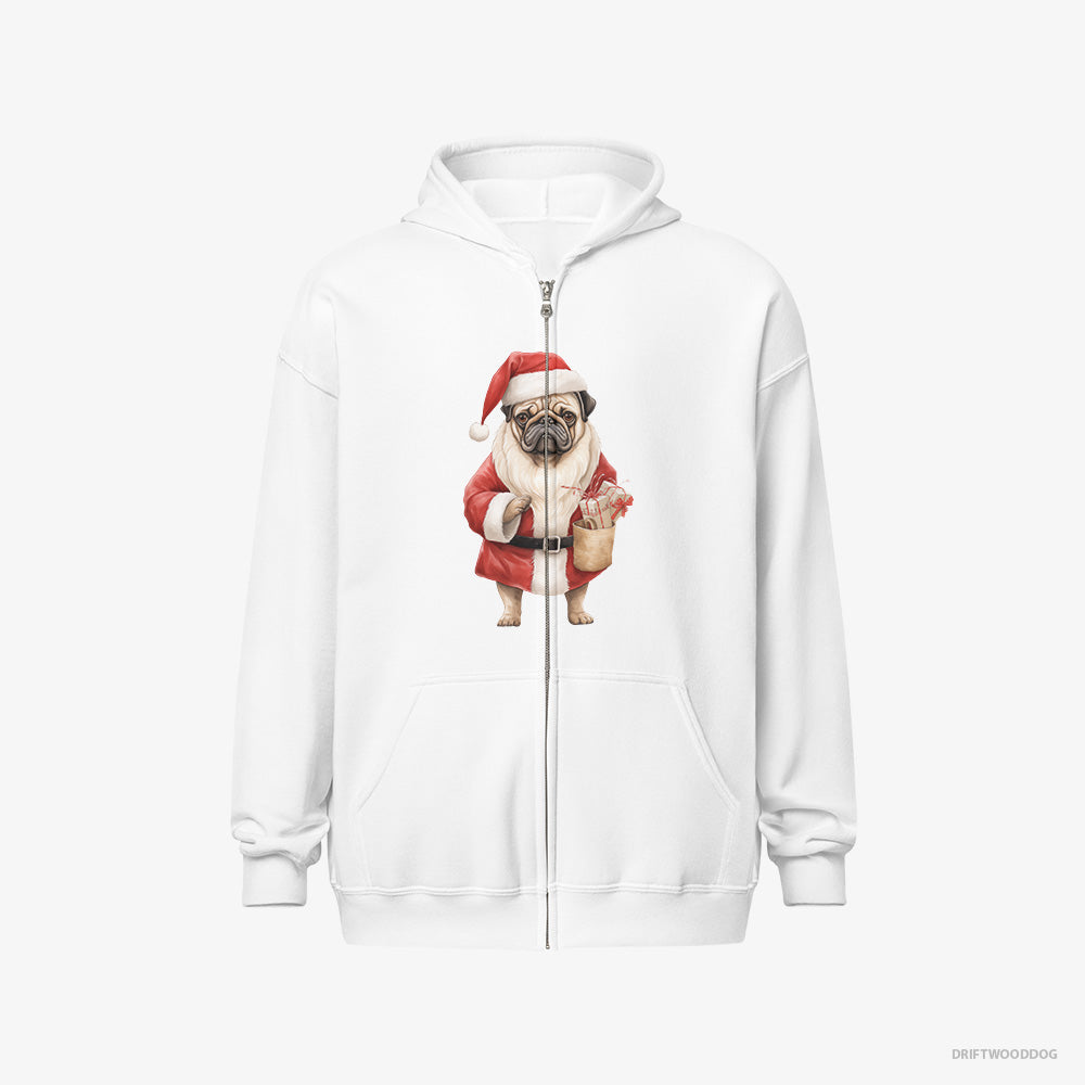 Pug Hoodie – Men White Hoodie Full-Zip – Dressed as Santa (on White Background)