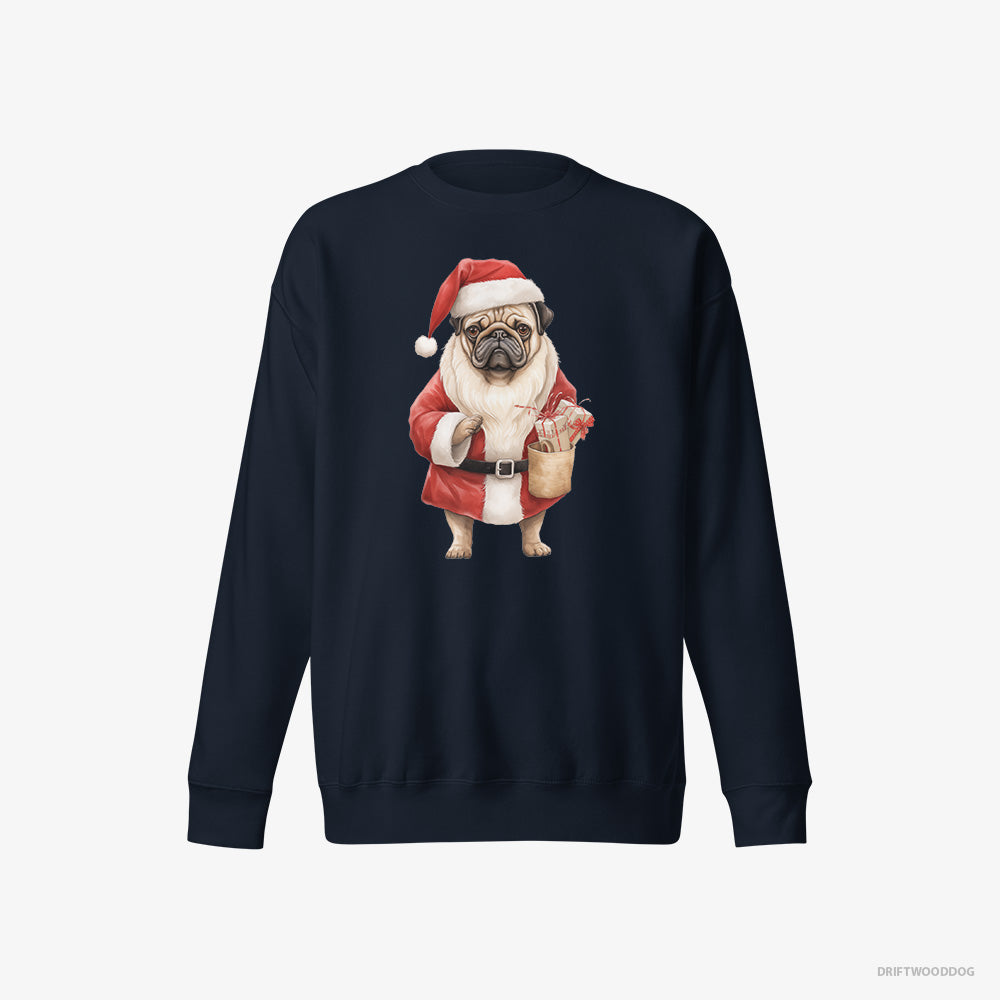 Pug Sweatshirt – Men Navy Sweatshirt Eco-Friendly – Dressed as Santa (on White Background)