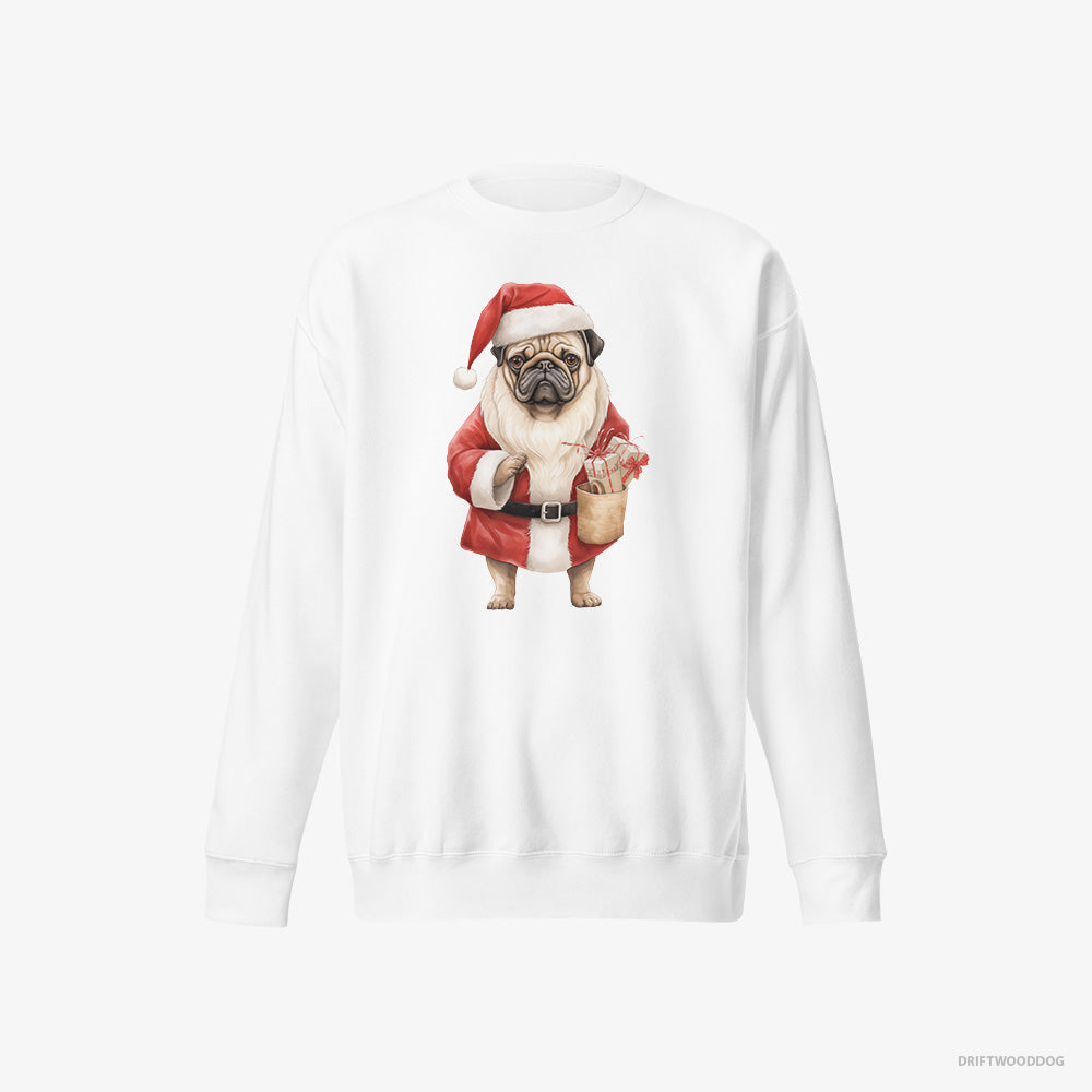 Pug Sweatshirt – Men White Sweatshirt Eco-Friendly – Dressed as Santa (on White Background)