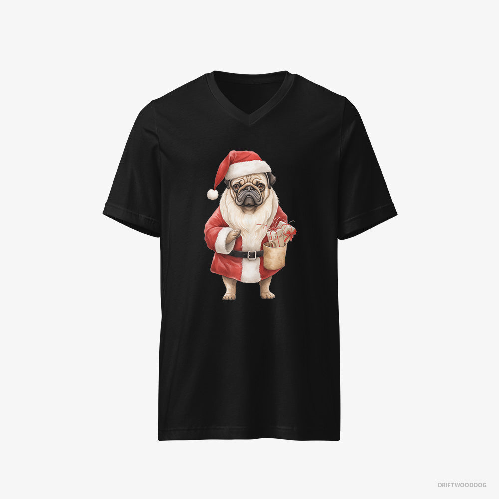 Pug T-Shirt – Men Black T-Shirt V-Neck – Dressed as Santa (on White Background)