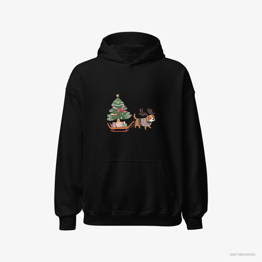 Beagle Hoodie – Women Black Hoodie Classic – Dragging a Tree on a Sled (on White Background)