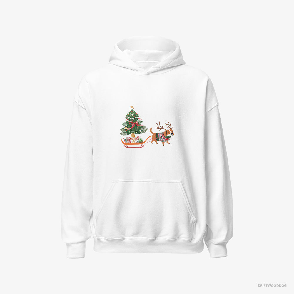 Beagle Hoodie – Men White Hoodie Classic – Dragging a Tree on a Sled (on White Background)